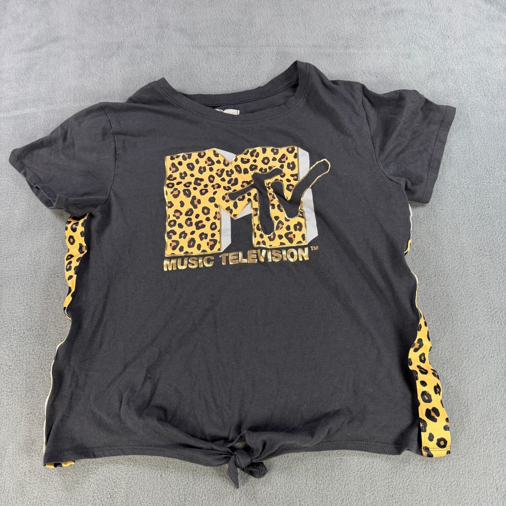 MTV Music Television Leopard Print Logo Tie Front Graphic T-Shirt Black Medium